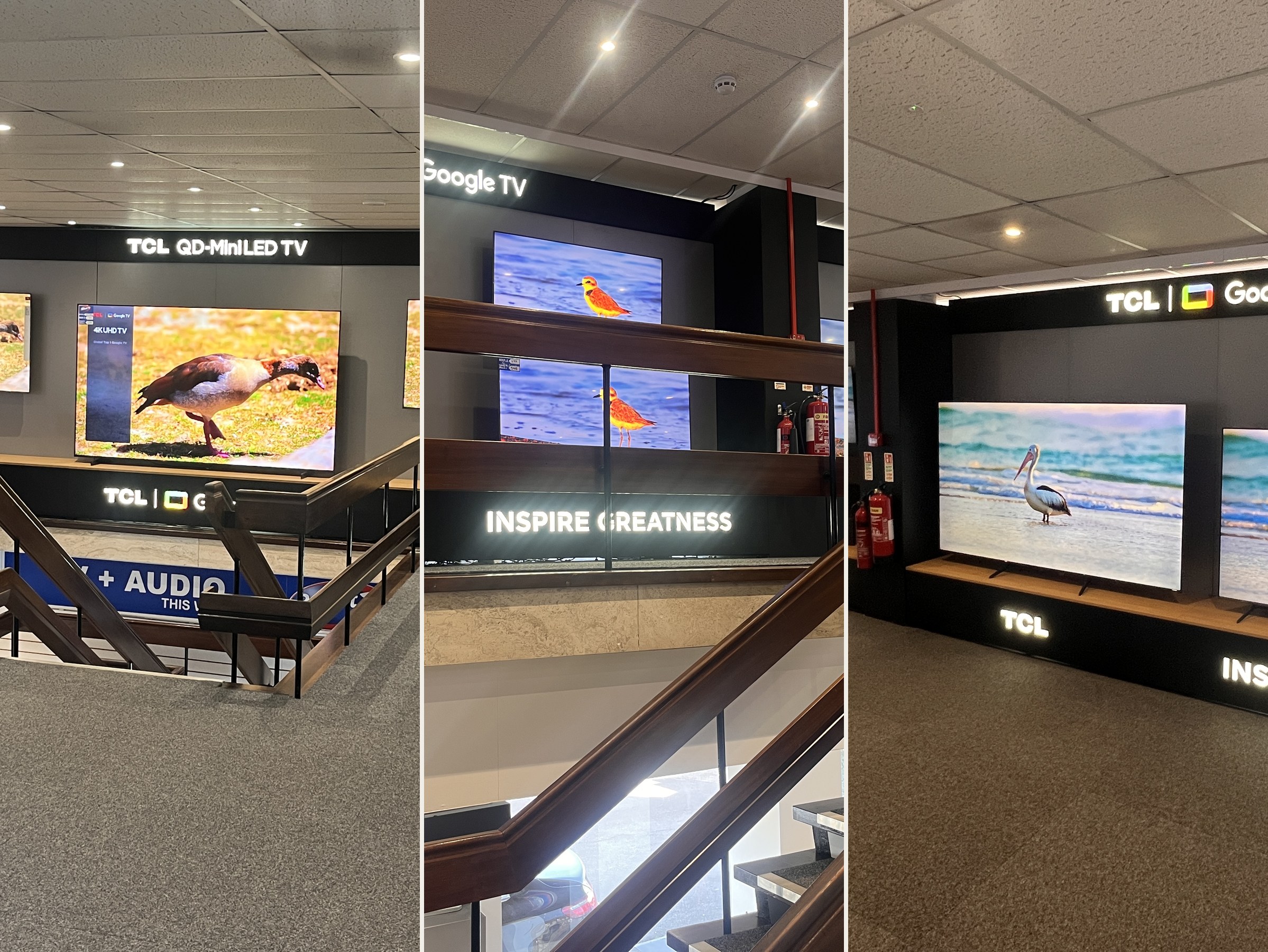 TCL multi-store TV display rollout showing three different retail environments with QD-MiniLED, Google TV ranges and INSPIRE GREATNESS illuminated branding